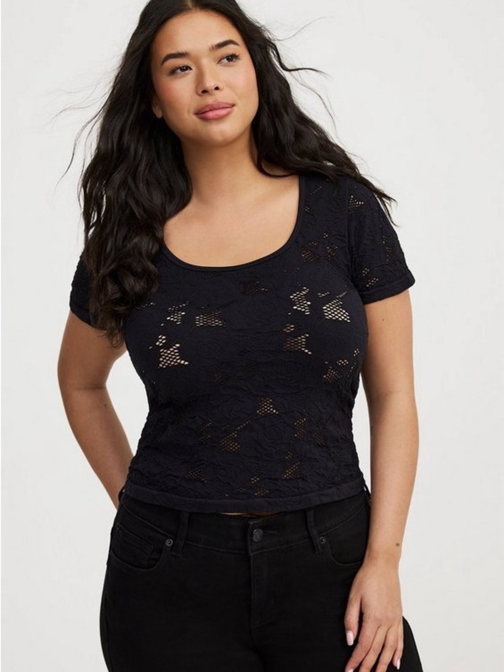 Torrid Black Seamless Scoop Crop Top Plus Size 1 (1X) Rose Lace Pattern